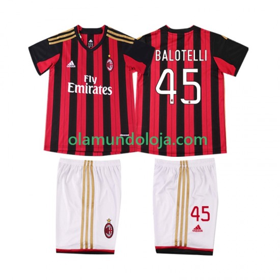 Camisola AC Milan BALOTELL 45 2013 2014 Retro Criança Equipamento Primeiro Manga Curta
